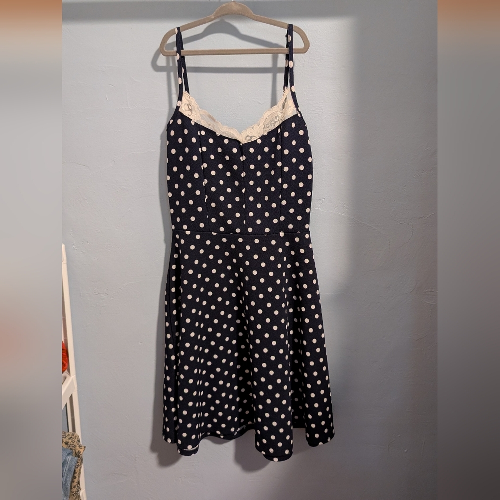 Vintage Minnie Betty Boop Navy + White Polkadot Lace Trim Fit+Flare Sundress